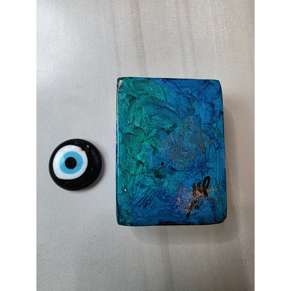 Hand Painted Wooden Evil Eye Nazar Decor Blue Gold Abstract Signed Art Block F1 - Picture 8 of 16